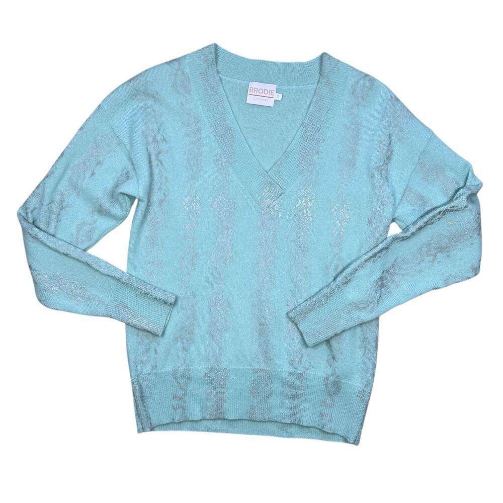 Brodie Cashmere Turquoise Blue Metallic Silver Foil Snakeskin V-Neck Sweater XS